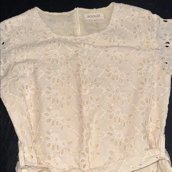 roolee cream colored eyelet dress. size xs. zipper. tie around waist. excellent. - Picture 5 of 8